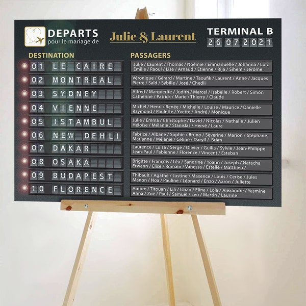 Plan de table affichage d'aéroport pour dîner de mariage