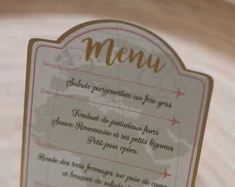 Menu pour dîner de mariage "Voyage Vintage", ivoire et or