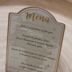 Menu pour dîner de mariage "Voyage Vintage", ivoire et or