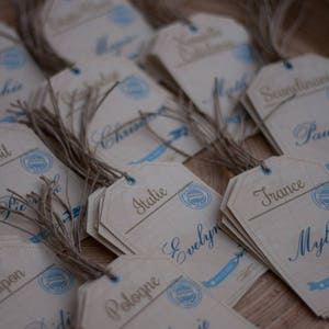 Place card in luggage tag, for wedding dinner, Vintage Travel image 1
