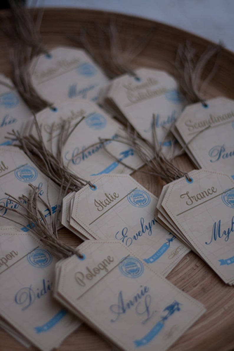 Place card in luggage tag, for wedding dinner, Vintage Travel image 1