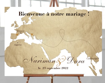 Welcome poster to your wedding against a backdrop of a golden world map