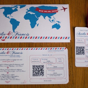 Faire-part de mariage en billet d’avion pour couple de voyageurs