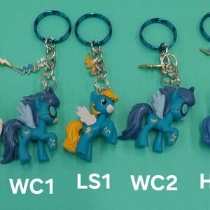 K&ouml;nnte beinhalten: F&uuml;nf blaue und t&uuml;rkisfarbene Pony-Schl&uuml;sselanh&auml;nger mit wei&szlig;en Fl&uuml;geln und gelben Akzenten. Jeder Schl&uuml;sselanh&auml;nger hat eine silberne Kette und einen blauen Ring. Die Schl&uuml;sselanh&auml;nger sind mit SZ1, WC1, LS1, WC2 und HW1 beschriftet.