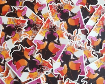 May include: A stack of stickers featuring a black and orange creature with flames and horns. The creature is on a pink, orange, and yellow background.