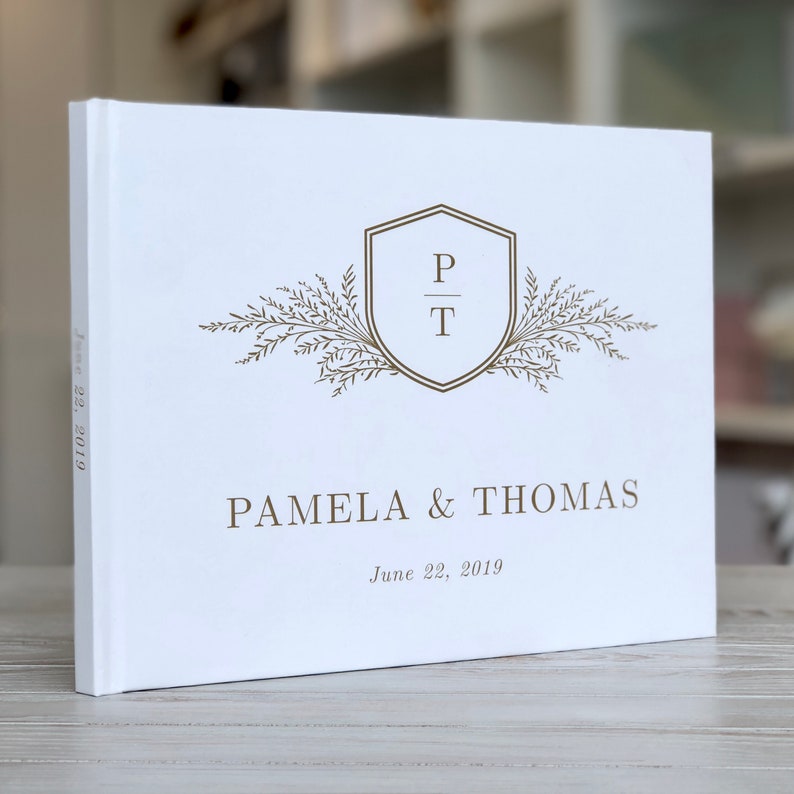 Custom Floral Crest White Gold Wedding Guest Book, Instax Wedding Guest Book, Signing Book, Gold Foil,Cottage Guest Book, Wedding Album image 1