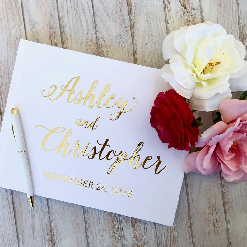 Custom Stylish White and Gold Wedding Guest Book, Instax Wedding Guest Book, Signing Book, Real Gold Foil, Cottage Guest Book, Photo Album image 1