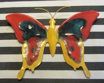 Portuguese vintage - Metal wall art sculpture, multicolored  Enameled XL Butterfly - Made in Portugal - 1970s