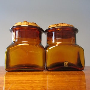 CASCADE - Set of Two Amber Pressed Glass Canisters/Jars with Cork Lids - Made in England - 1960s