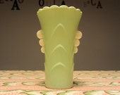 ANCHOR HOCKING Fire King - Art Deco small Vase - White vitrock fired on mint green - Scalloped top and side handles - Made in USA - 1940s