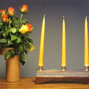 Vintage Candlestick Holder - 3 Candles - Solid wood (teak) and metal silver plated - Made in Germany - 1950s