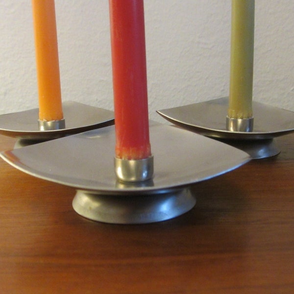 Vintage set of three stainless steel candlestick holders - In the style of the ones made by Arne Jacobsen for "STELTON" - Made in the 1960s