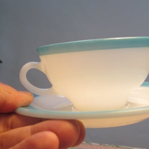 PYREX - Tea Cup and Saucer with aqua blue/turquoise band - Made in USA - 1950&#39;s