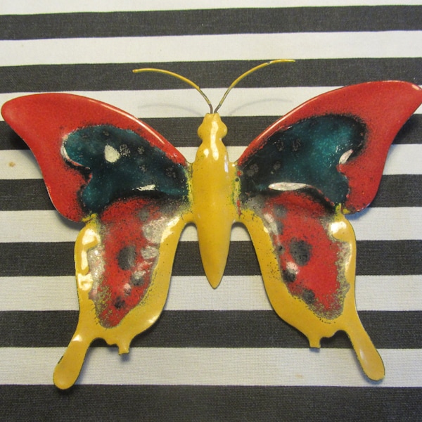 Portuguese vintage - Metal wall art sculpture, multicolored  Enameled XL Butterfly - Made in Portugal - 1970s