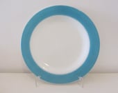 PYREX - One Milk Glass Dinner Plate with Aqua Blue Turquoise Band - 1950 39 s