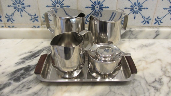 Vintage Stainless Steel 18:8 Tea Set on Tray, Teak Handles. Teapot, Hot  Water Pot, Milk Jug & Sugar Dish on a Tray. Matching Set. C.1970s 