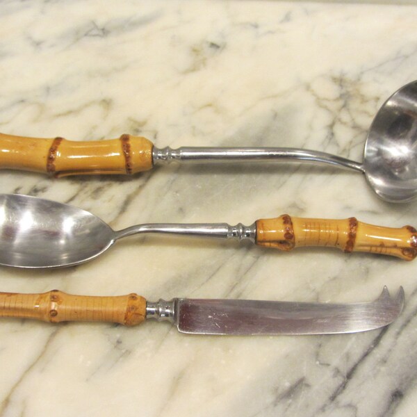 Vintage Tiki Modern Serving Spoon + Soup Ladle + Cheese Knife - Stainless steel with bamboo handles - Made in the 1950s