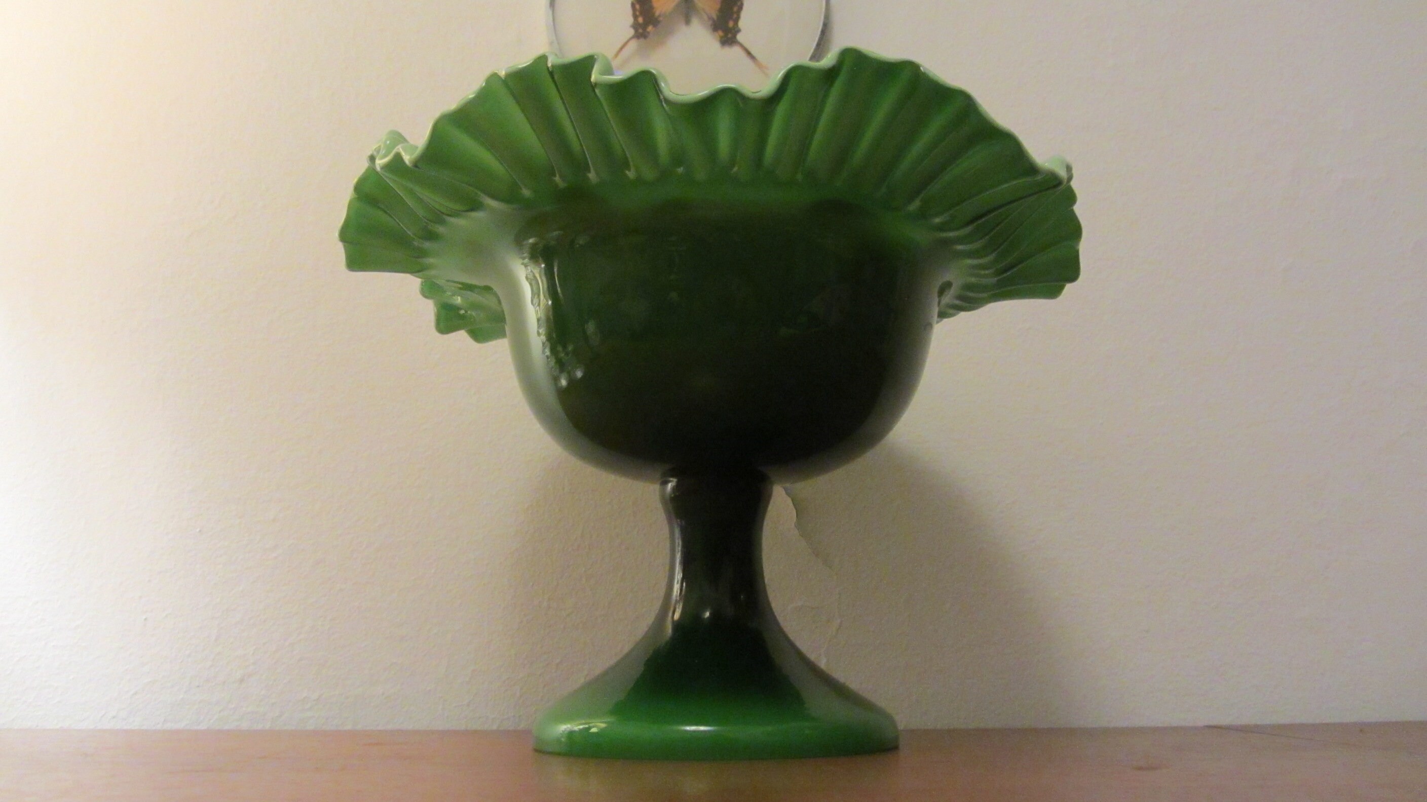 PORTUGUESE VINTAGE - Green Glass Pedestal Fruit Bowl - Duble Cased ...