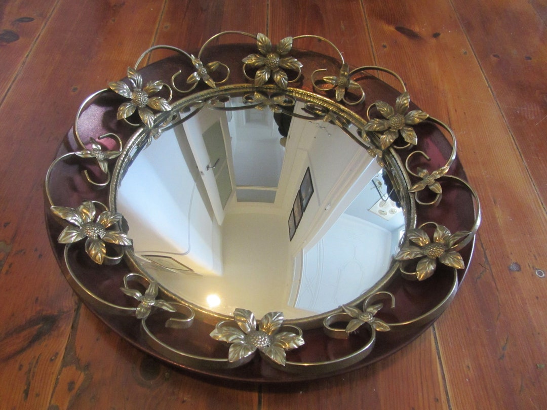 Vintage Wall Convex Mirror With a Round Brass Scrolls and Floral Frame ...