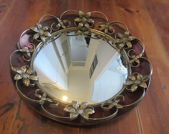 大きな壁ミラー「CHATY VALLAURIS」署名入り、黒錬鉄製ミッド