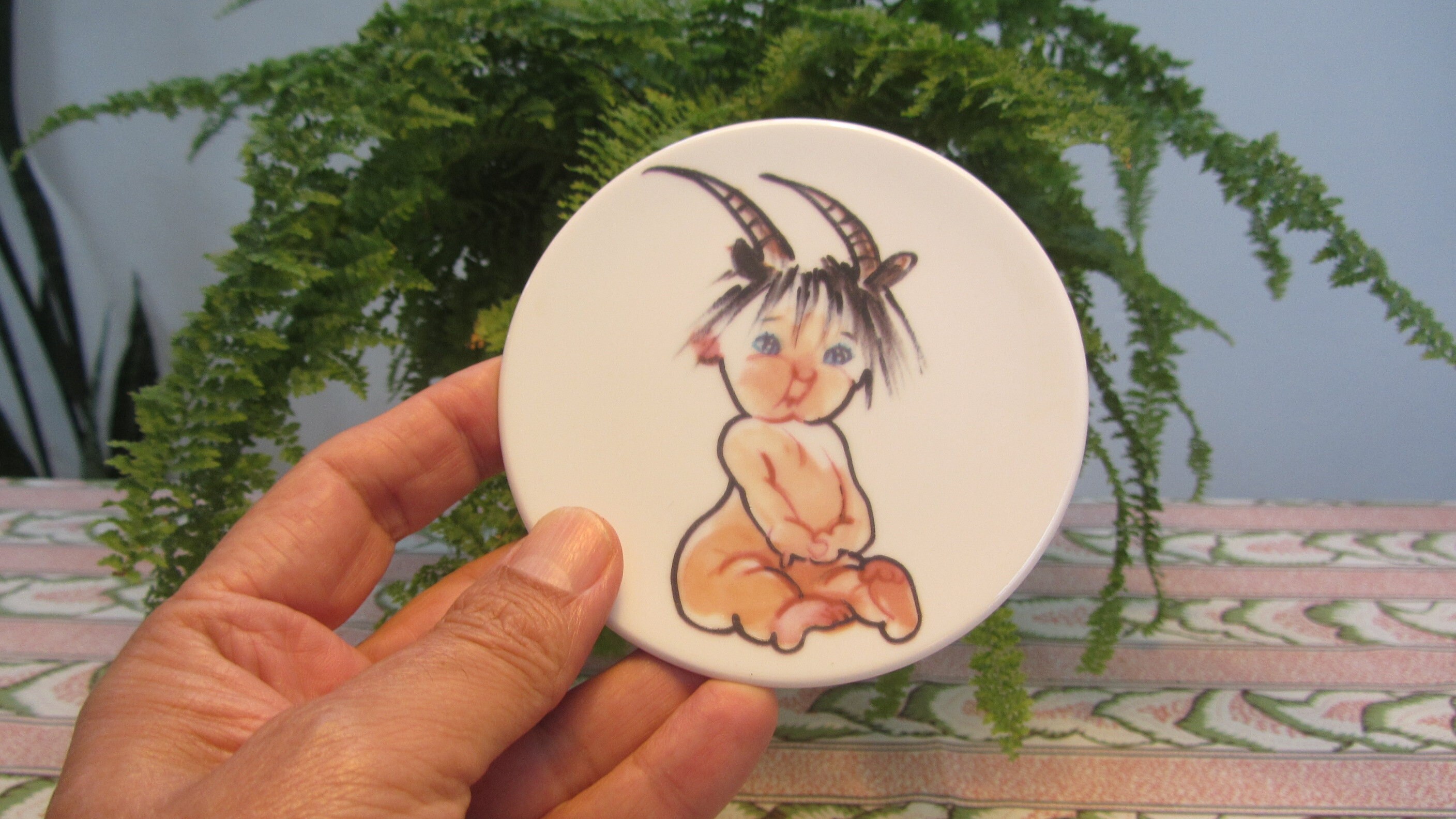 CHRISTEL MAROTT - Royal Copenhagen - Porcelain round small Plaquette - Zodiac motif CAPRICORN - Made in Denmark - 2000