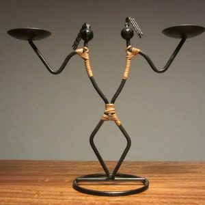 LAURIDS LONBORG - Sculptural blackened string iron and rattan Two Womans Candlestick Holder - Made in Denmark - 1960s