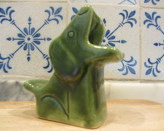 PORTUGUESE VINTAGE - Dark green glazed ceramic Ashtray/Tooth Picker Holder Dog - Made in Caldas da Rainha, Portugal - 1970s