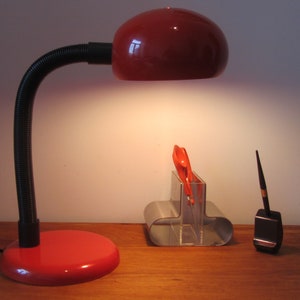 BRAMA - Vintage adjustable metal table/desk Lamp - Red lacquered shade and base, flexible gooseneck - Made in Milano, Italy - 1980s