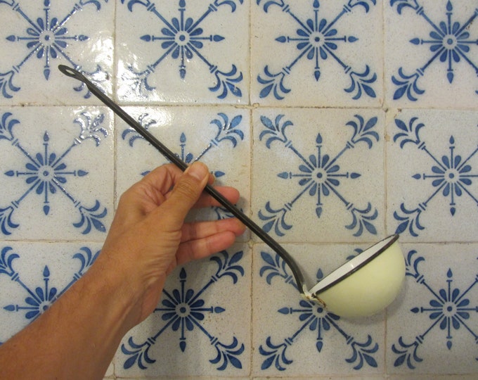 Portuguese Vintage Country Kitchen Soup Ladle Yellow Enameled Metal