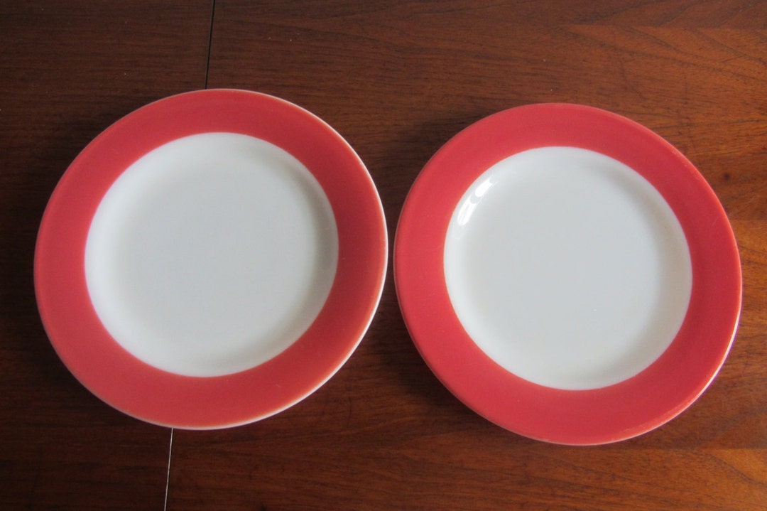 PYREX - Set of Two Milk Glass Salad/dessert Plates With Band Pink ...