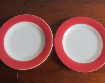 PYREX - Set of Two Milk Glass Salad/Dessert plates with Band Pink Flamingo - Made in USA - 1950&#39;s
