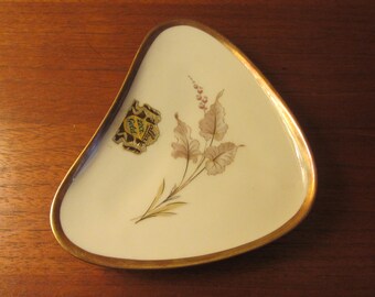 ALKA - "Silvana" - Ivory/off-white porcelain small triangular/kidney Trinket Dish - Gold trim and florals - Made in Bavaria, Germany - 1950s