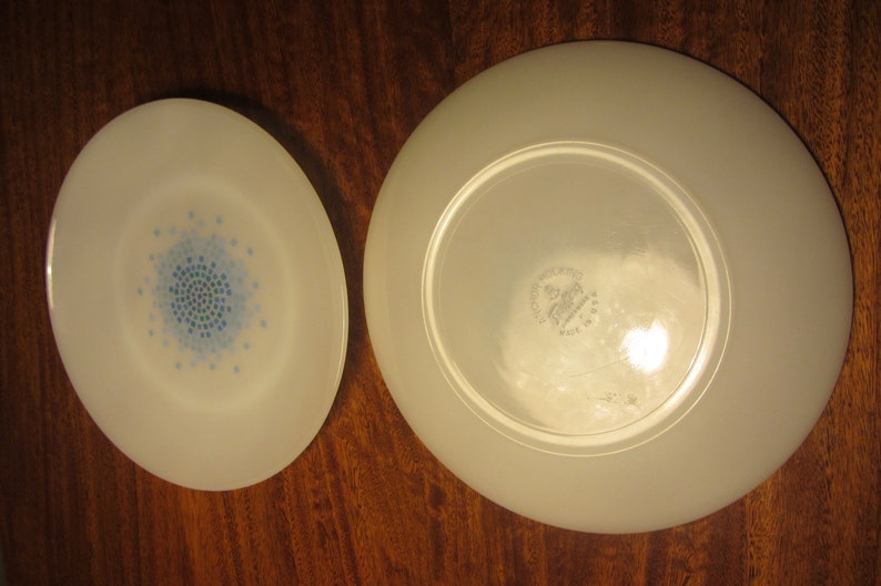 1960s ANCHOR HOCKING Fire King Made in USA Set of two Blue Mosaic milk glass Dinner Plates