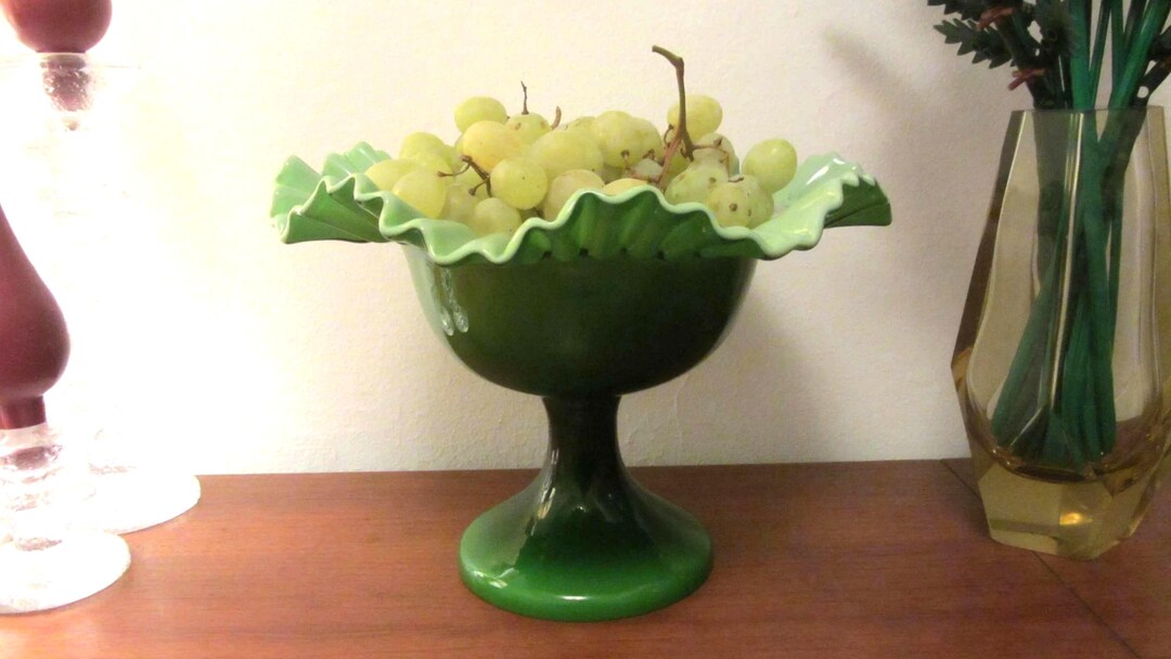PORTUGUESE VINTAGE - Green Glass Pedestal Fruit Bowl - Duble Cased ...