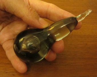 Mid Century Modern hand formed/pulled and mouth blown gray glass/crystal pear paperweight - Made in the 1970s