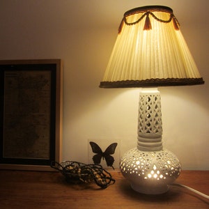 Vintage pierced white glazed ceramic/pottery two light Table Lamp Base - Asian inspired - Made in the 1950s