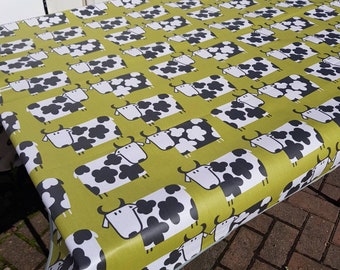 Green (Matt) Oilcloth Tablecloth in a cow design