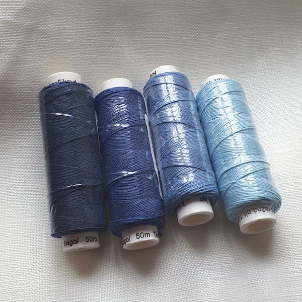 Four spools of Linen Threads - blues shades hand & machine quilting sewing craft lace jewelry Linen Hit