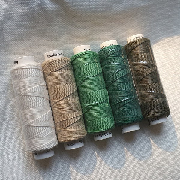 Cinq bobines de fils de lin - nuances de verts main et machine quilting couture artisanat dentelle bijoux Linen Hit