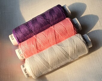 Three spools of Linen Thread - Violet, Pink and Ecru, hand & machine quilting sewing, craft, lace, jewelry, embroidery. Linen Hit