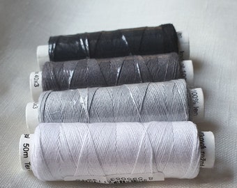 Four spools of Linen Threads - White, Greys, Black, hand & machine quilting sewing craft lace jewelry Linen Hit