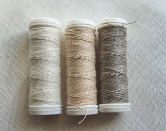 3 spools of Linen Threads White Beige Grey 70 m long each, hand & machine quilting sewing, craft, lace, jewelry, embroidery. Linen Hit