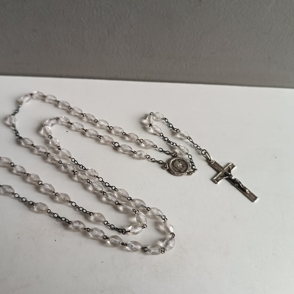 Antique French rosary with solid silver cross & Virgin Mary medal /crucifix necklace pendant vintage religious / chapelet Christ passion