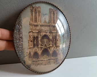 Antique French frame medallion reliquary Reims cathedral sanctuary/convex glass religious catholic/holy card