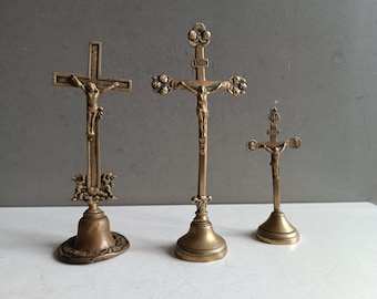 Antique French collection of 3 travel brass crucifix 19th / altar cross Jesus Christ religious decor