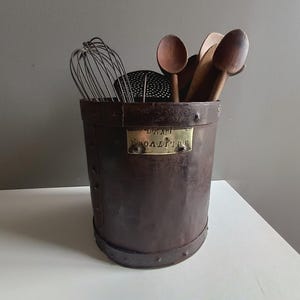 French antique rare large riveted metal wood half Decaliter measure grain pot canister container with hallmark/ vintage box kitchen Storage