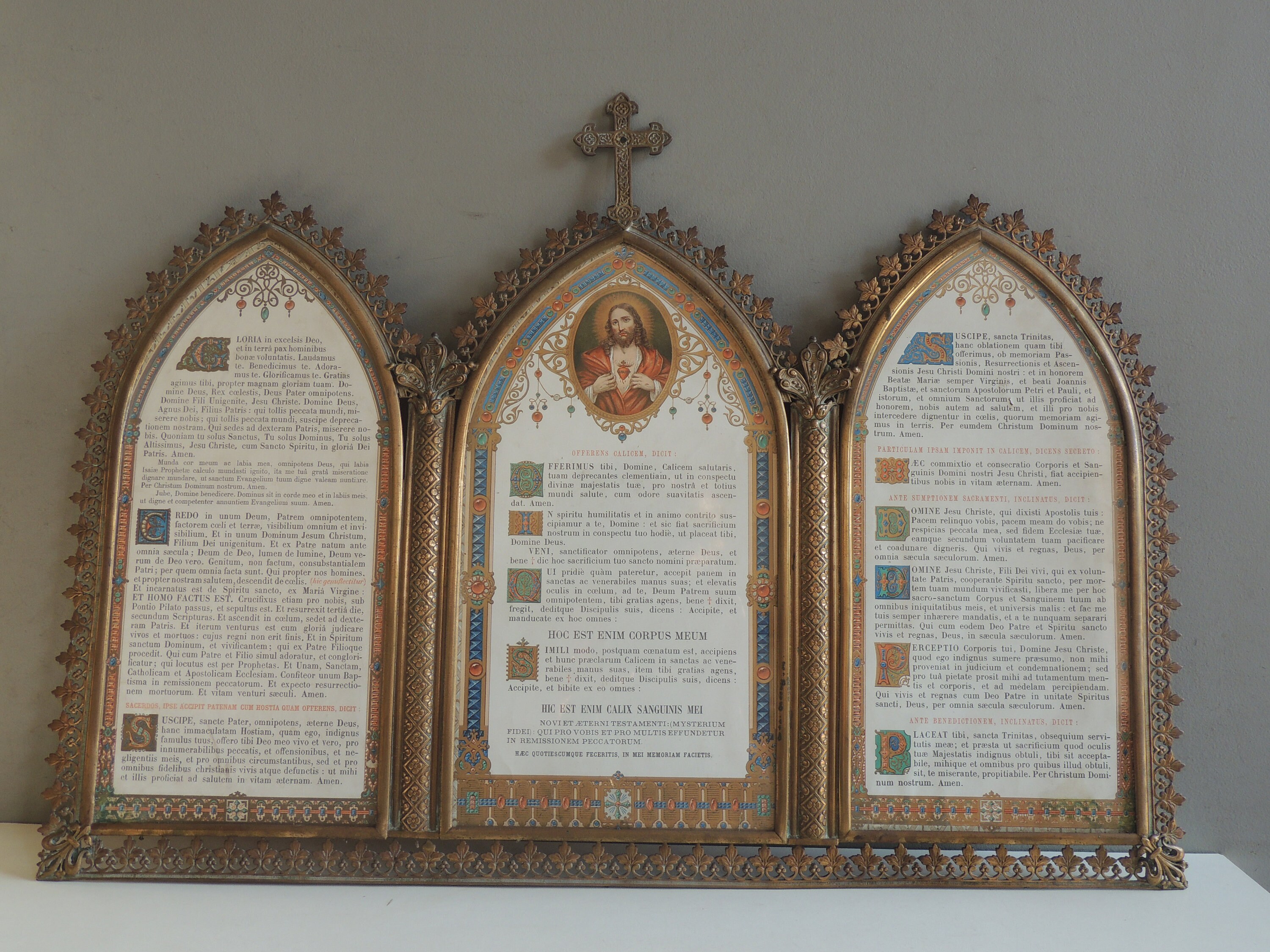 Grand Triptyque en Laiton Canon d'autel Image Pieuse Cœur Sacré Jésus Christ/Reliquaire Chapelle Égl