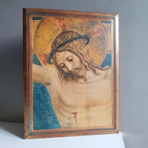Antique Florentine large oratory Icon wood Frame panel Jesus Christ crucifixion Fra Angelico / Italian reliquary chapel religious devotion