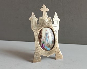 Antique French chapel altar oratory brass & medallion reliquary porcelain Virgin Mary Lourdes appearance / religious devotion Napoleon III
