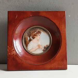 French antique young woman miniature portrait &quot;The innocence&quot; by Reynolds on wood frame 1900
